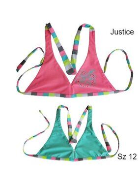 Justice Girls Swim 12 Bikini Top PINK Reversible Blue Swimwear Bathing Suit Top
